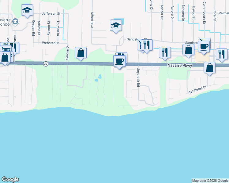 map of restaurants, bars, coffee shops, grocery stores, and more near 1760 Sound Haven Court in Navarre