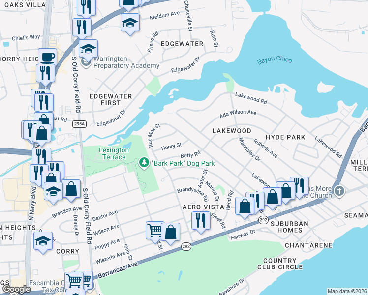 map of restaurants, bars, coffee shops, grocery stores, and more near 407 Rue Max Street in Pensacola