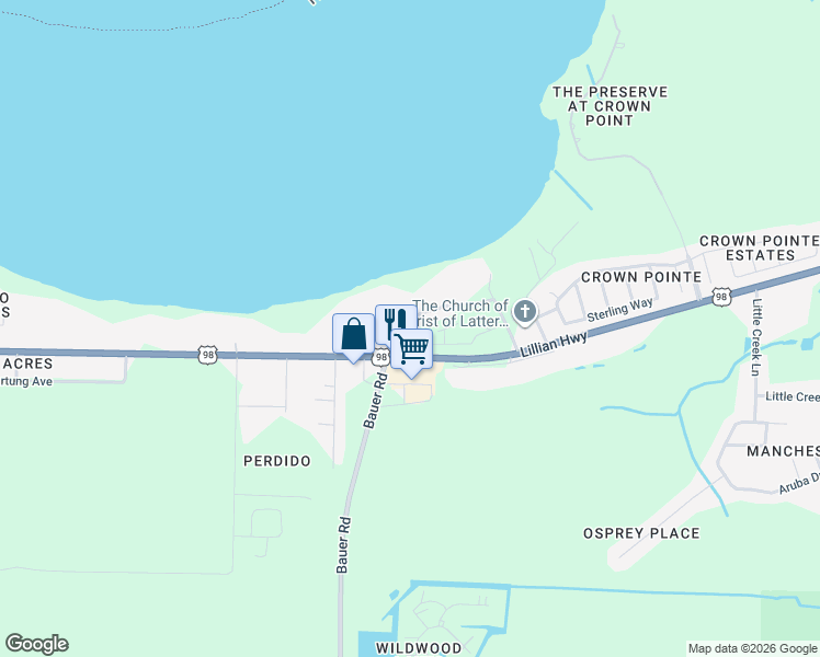 map of restaurants, bars, coffee shops, grocery stores, and more near 751 Halcyon Circle in Pensacola