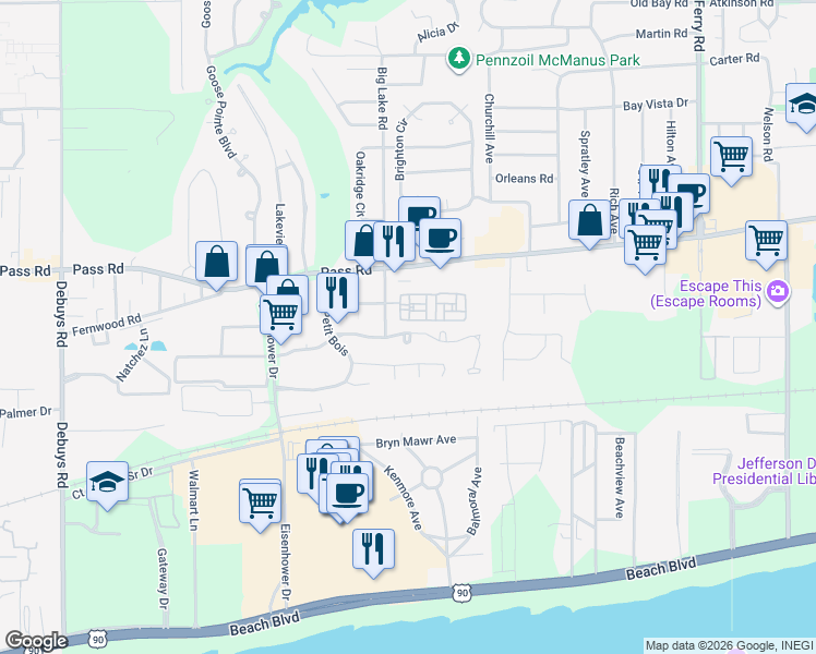 map of restaurants, bars, coffee shops, grocery stores, and more near 282 Big Lake Road in Biloxi