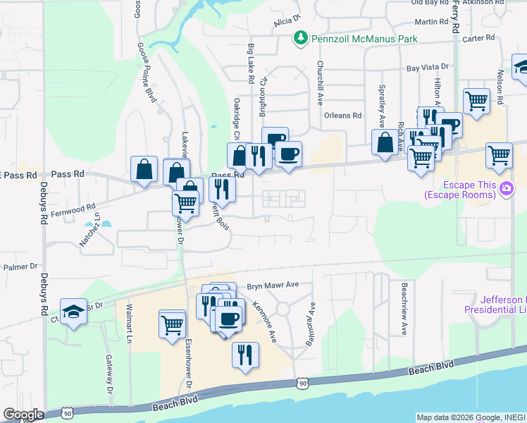 map of restaurants, bars, coffee shops, grocery stores, and more near 282 Big Lake Road in Biloxi