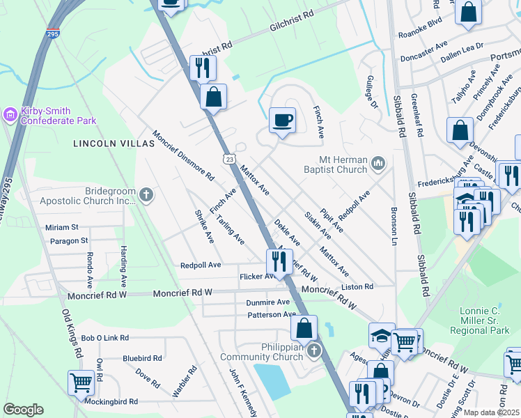 map of restaurants, bars, coffee shops, grocery stores, and more near 8033 New Kings Road in Jacksonville