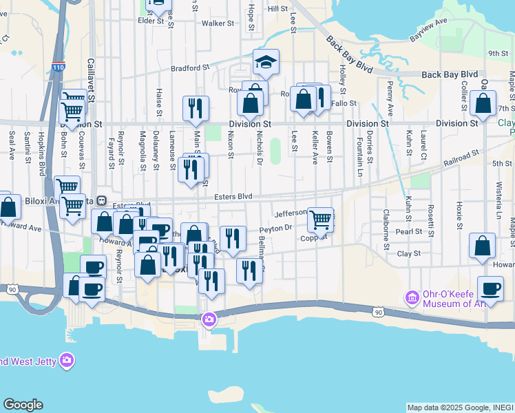 map of restaurants, bars, coffee shops, grocery stores, and more near 196 Alexander Avenue in Biloxi