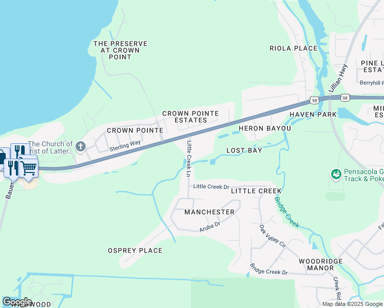 map of restaurants, bars, coffee shops, grocery stores, and more near 11122 Little Creek Lane in Pensacola