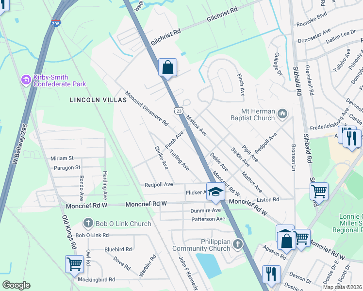 map of restaurants, bars, coffee shops, grocery stores, and more near 8100 Moncrief Dinsmore Road in Jacksonville