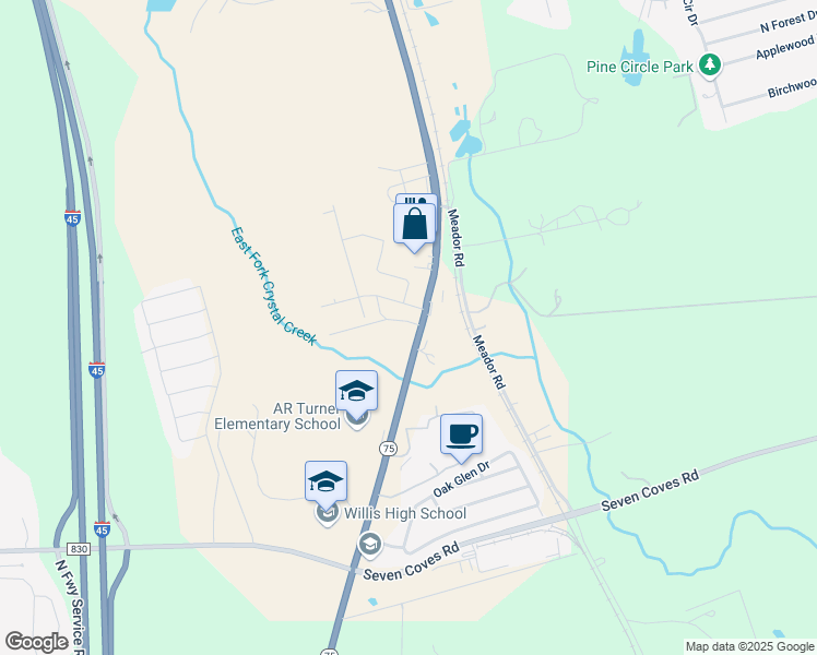 map of restaurants, bars, coffee shops, grocery stores, and more near 11120 Texas 75 in Conroe