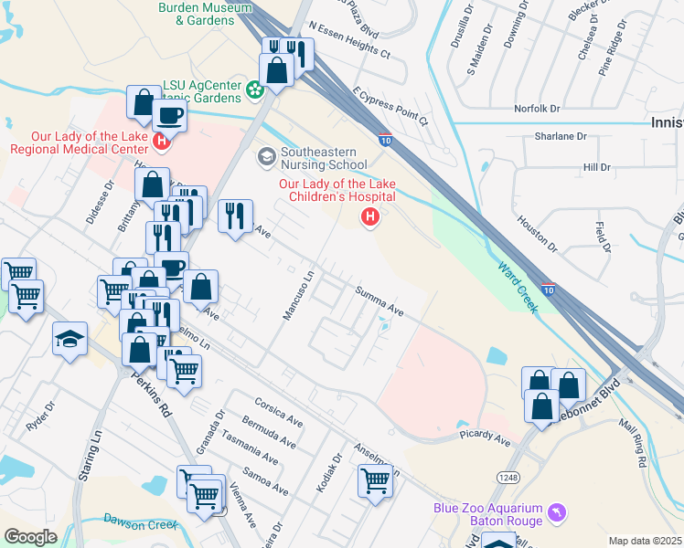 map of restaurants, bars, coffee shops, grocery stores, and more near 8335 Summa Avenue in Baton Rouge