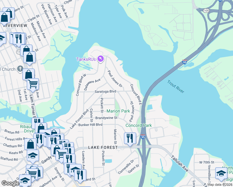 map of restaurants, bars, coffee shops, grocery stores, and more near 896 Saratoga Boulevard in Jacksonville