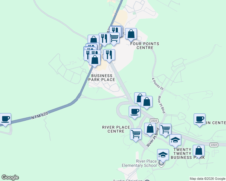 map of restaurants, bars, coffee shops, grocery stores, and more near 11111 Ranch Road 2222 in Austin