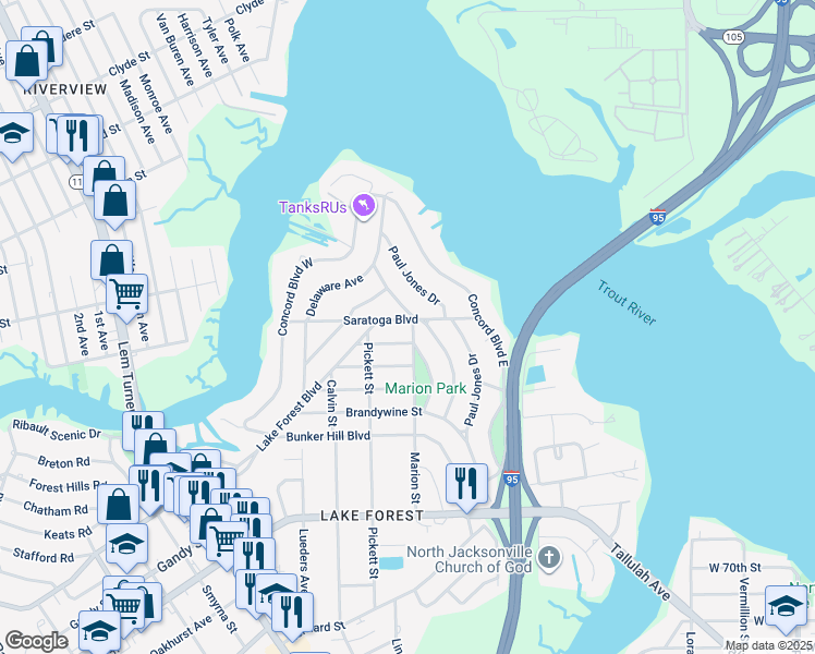 map of restaurants, bars, coffee shops, grocery stores, and more near 904 Saratoga Boulevard in Jacksonville