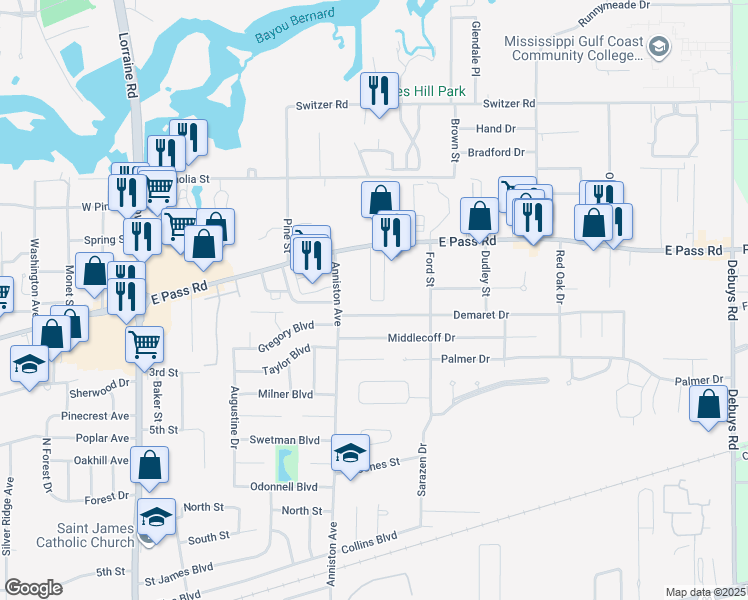 map of restaurants, bars, coffee shops, grocery stores, and more near 1304 Tropical Cove in Gulfport