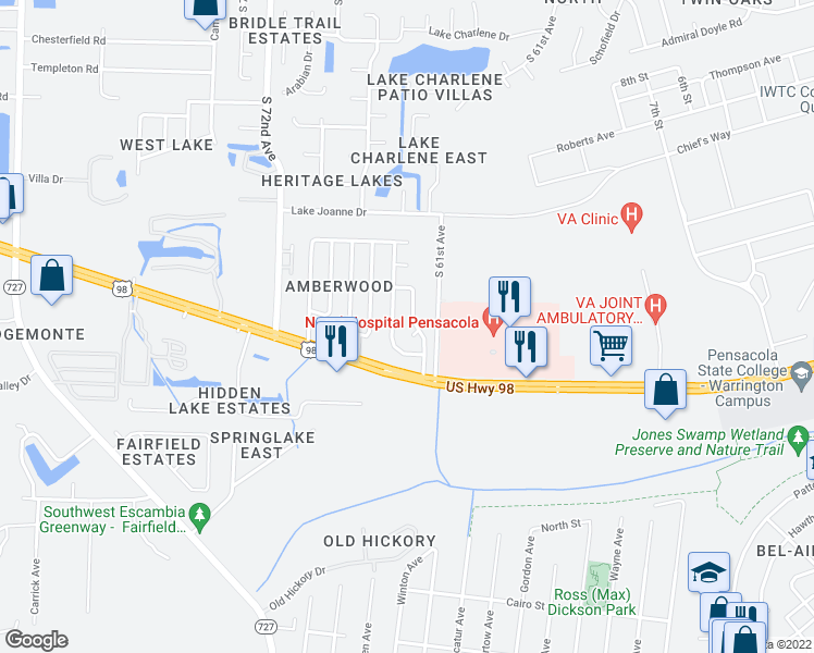 map of restaurants, bars, coffee shops, grocery stores, and more near 485 Quigley Road in Pensacola
