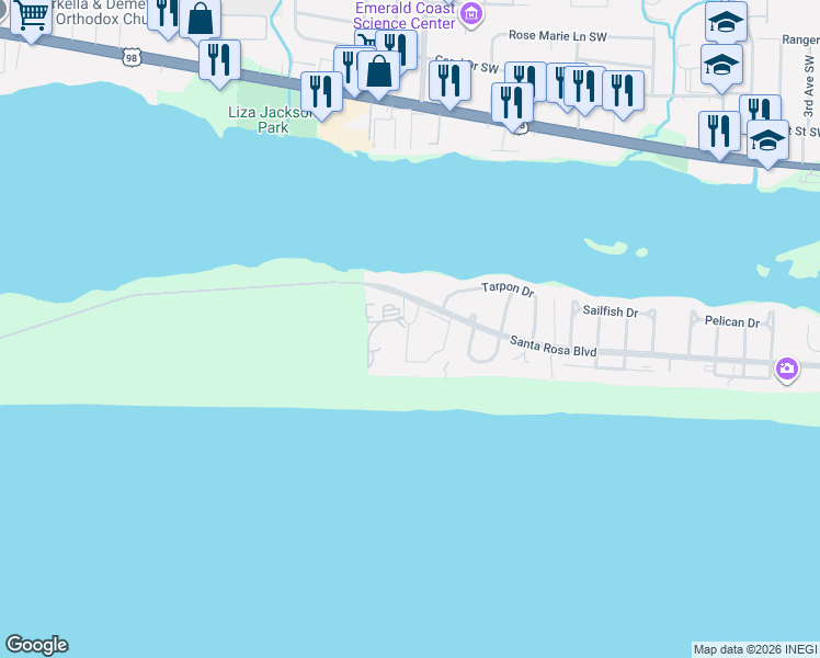 map of restaurants, bars, coffee shops, grocery stores, and more near 22 Park Drive in Okaloosa Island