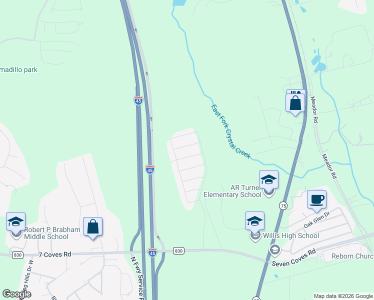 map of restaurants, bars, coffee shops, grocery stores, and more near Interstate 45 North in Willis