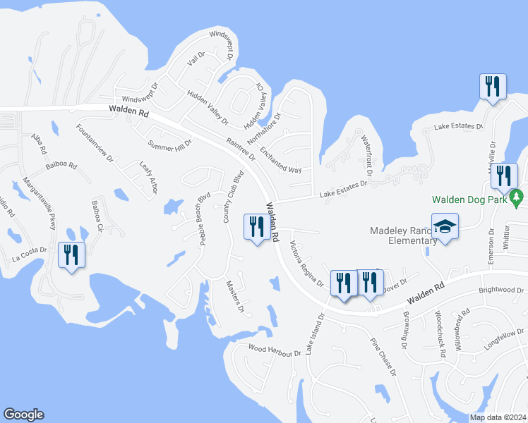 map of restaurants, bars, coffee shops, grocery stores, and more near 13155 Walden Road in Montgomery