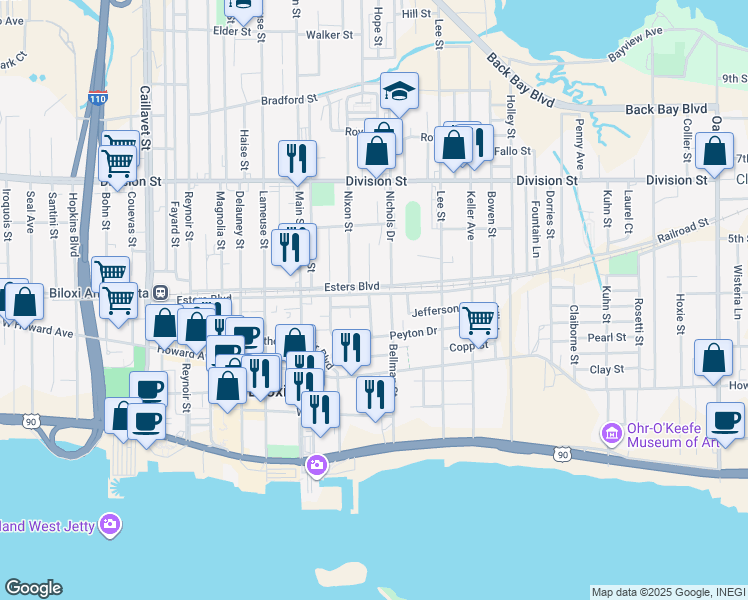 map of restaurants, bars, coffee shops, grocery stores, and more near 196 Alexander Avenue in Biloxi