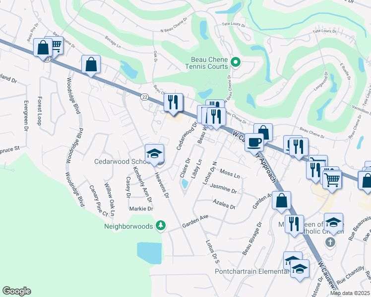 map of restaurants, bars, coffee shops, grocery stores, and more near 790 Claire Drive in Mandeville