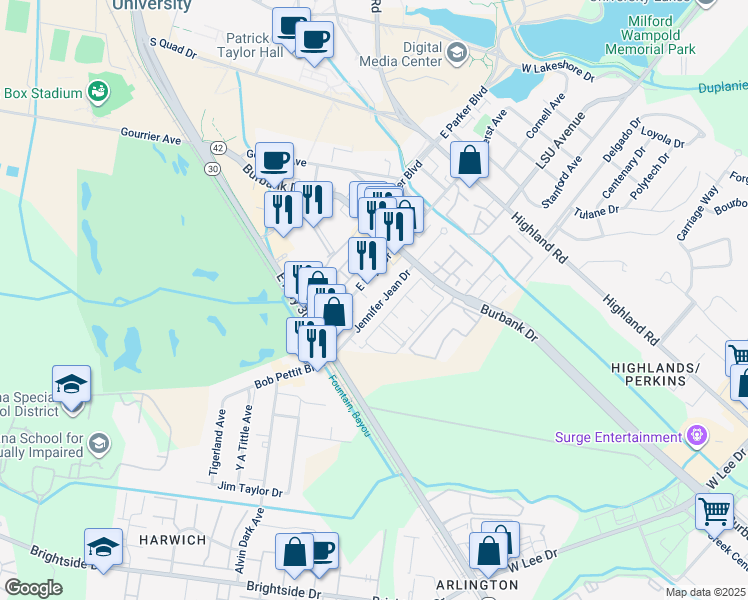 map of restaurants, bars, coffee shops, grocery stores, and more near 676 Jennifer Jean Drive in Baton Rouge