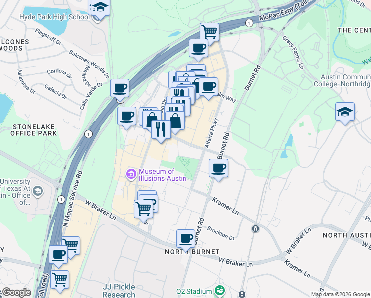 map of restaurants, bars, coffee shops, grocery stores, and more near 3001 Esperanza Crossing in Austin