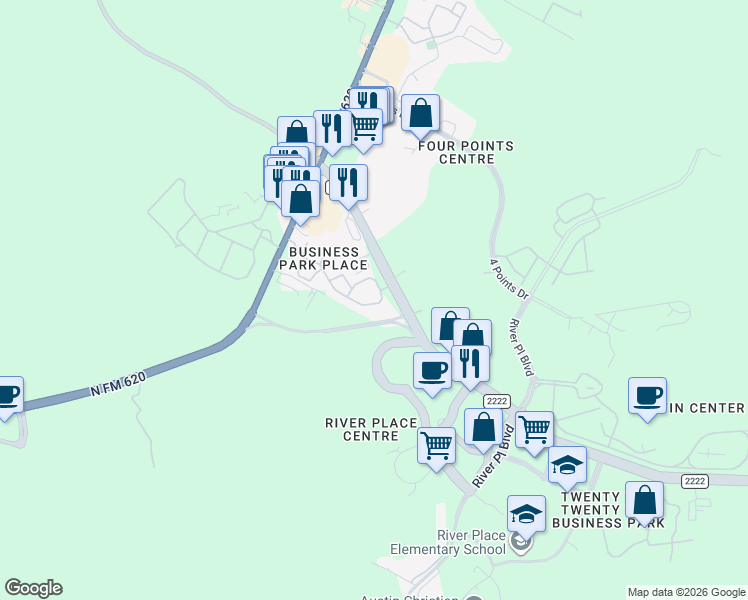 map of restaurants, bars, coffee shops, grocery stores, and more near 11111 Ranch to Market 2222 in Austin