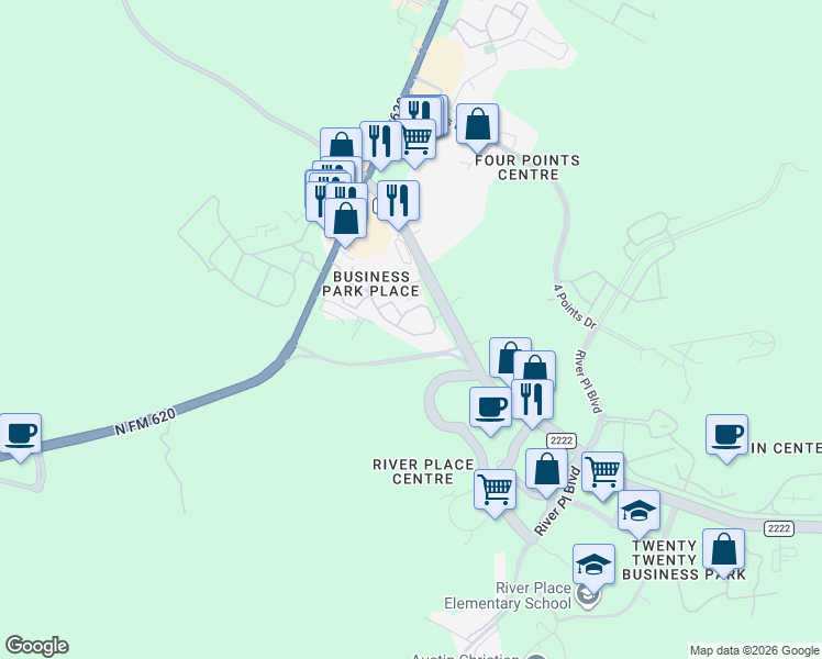 map of restaurants, bars, coffee shops, grocery stores, and more near 11111 Ranch Road 2222 in Austin