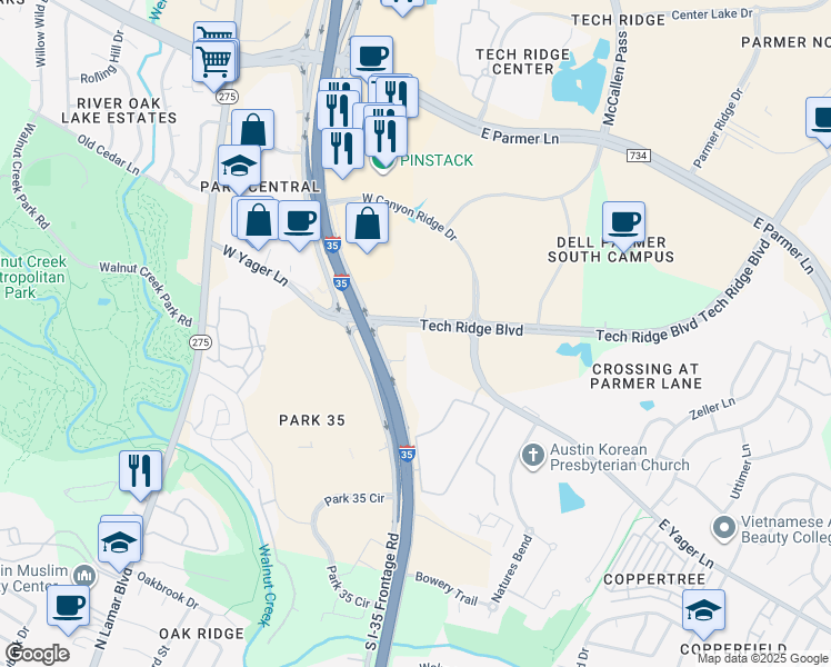 map of restaurants, bars, coffee shops, grocery stores, and more near 12212 Tech Ridge Boulevard in Austin