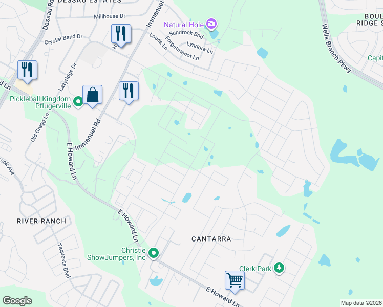 map of restaurants, bars, coffee shops, grocery stores, and more near 2901 Crystal Bend Drive in Pflugerville