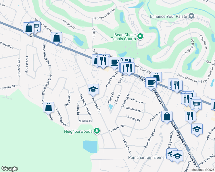 map of restaurants, bars, coffee shops, grocery stores, and more near 448 Cedarwood Drive in Mandeville