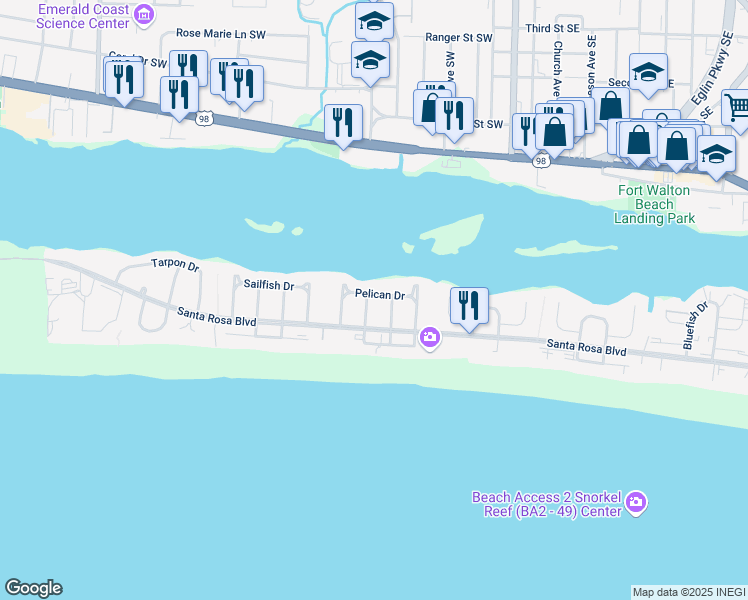 map of restaurants, bars, coffee shops, grocery stores, and more near 643 Pelican Drive in Fort Walton Beach
