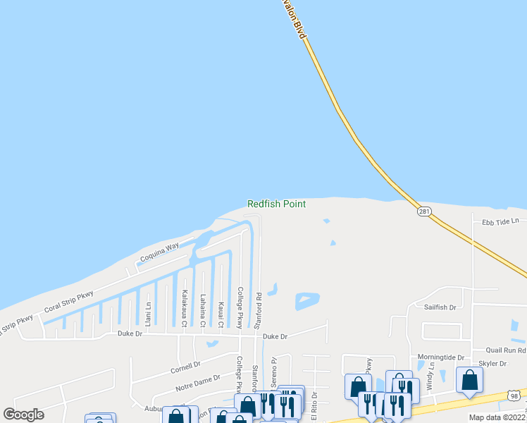map of restaurants, bars, coffee shops, grocery stores, and more near 1710 Stanford Road in Gulf Breeze