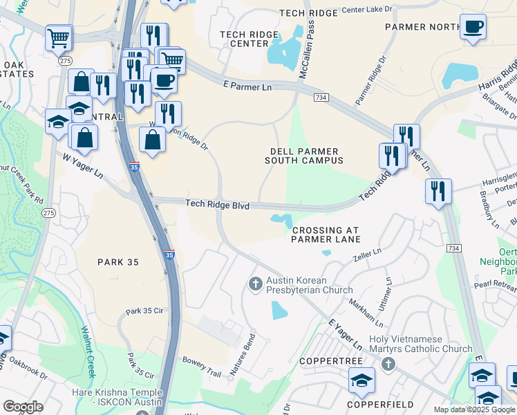 map of restaurants, bars, coffee shops, grocery stores, and more near Tech Ridge Boulevard in Austin