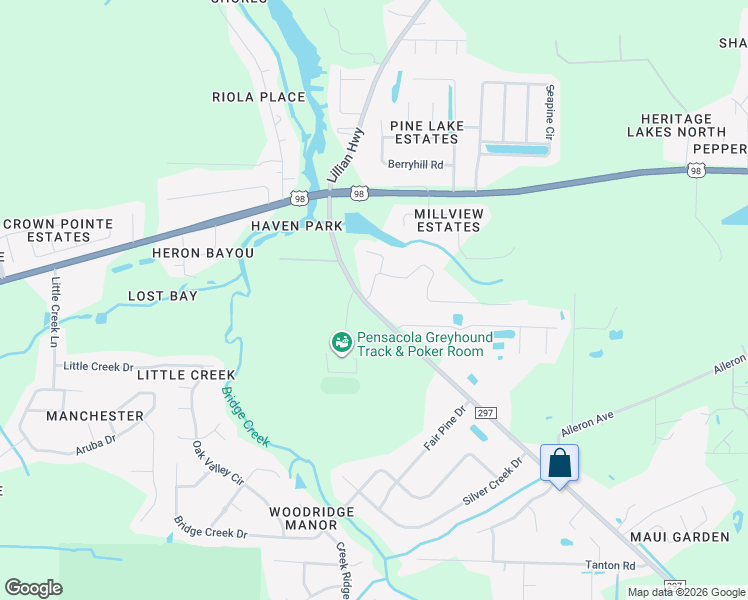 map of restaurants, bars, coffee shops, grocery stores, and more near 10847 Trailblazer Way in Pensacola