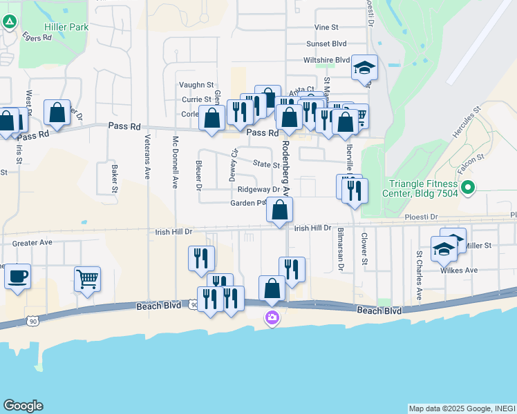 map of restaurants, bars, coffee shops, grocery stores, and more near 1725 Garden Park Drive in Biloxi
