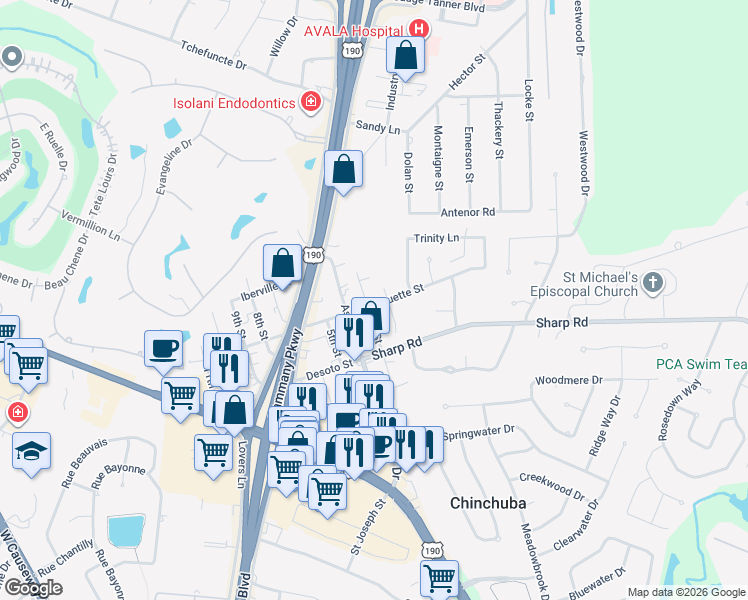 map of restaurants, bars, coffee shops, grocery stores, and more near 4535 Marquette Street in Mandeville