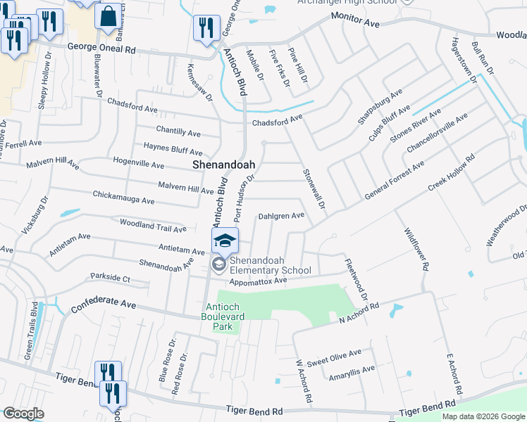 map of restaurants, bars, coffee shops, grocery stores, and more near 16725 Dahlgren Avenue in Baton Rouge