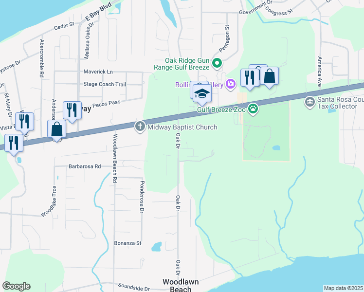 map of restaurants, bars, coffee shops, grocery stores, and more near 1778 Oak Drive in Gulf Breeze