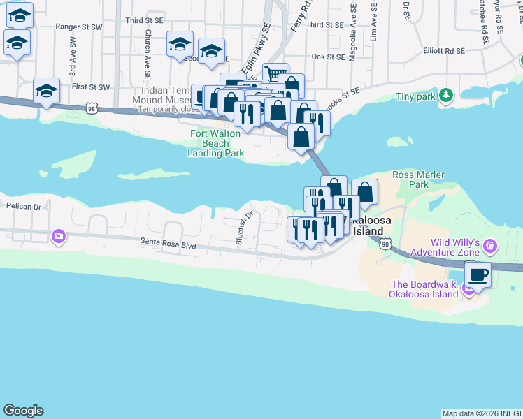 map of restaurants, bars, coffee shops, grocery stores, and more near 330 Bluefish Drive in Fort Walton Beach