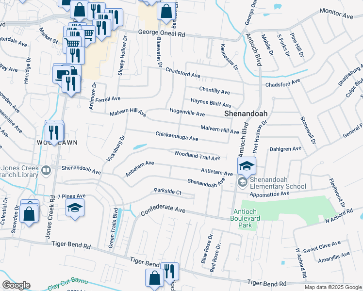 map of restaurants, bars, coffee shops, grocery stores, and more near 15953 Woodland Trail Avenue in Baton Rouge