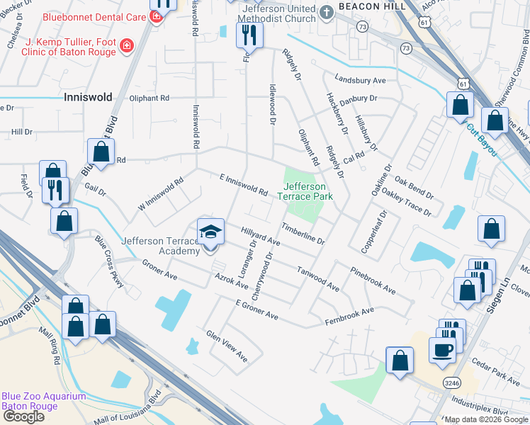 map of restaurants, bars, coffee shops, grocery stores, and more near 10032 Rose Pine Lane in Baton Rouge