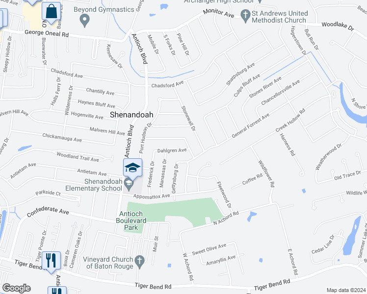 map of restaurants, bars, coffee shops, grocery stores, and more near 16931 Dahlgren Avenue in Baton Rouge