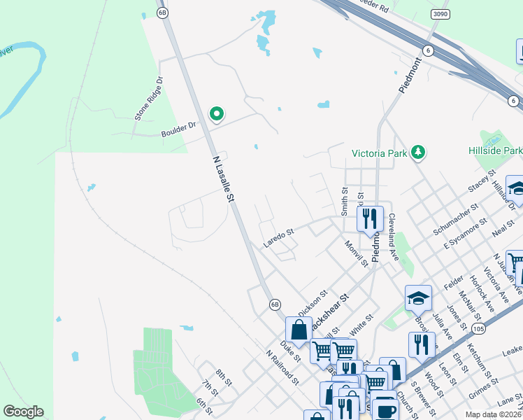 map of restaurants, bars, coffee shops, grocery stores, and more near 109 Blackshear Street in Navasota
