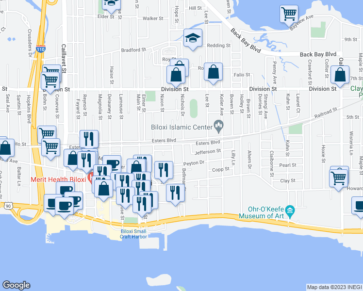 map of restaurants, bars, coffee shops, grocery stores, and more near 197 Bellman Street in Biloxi