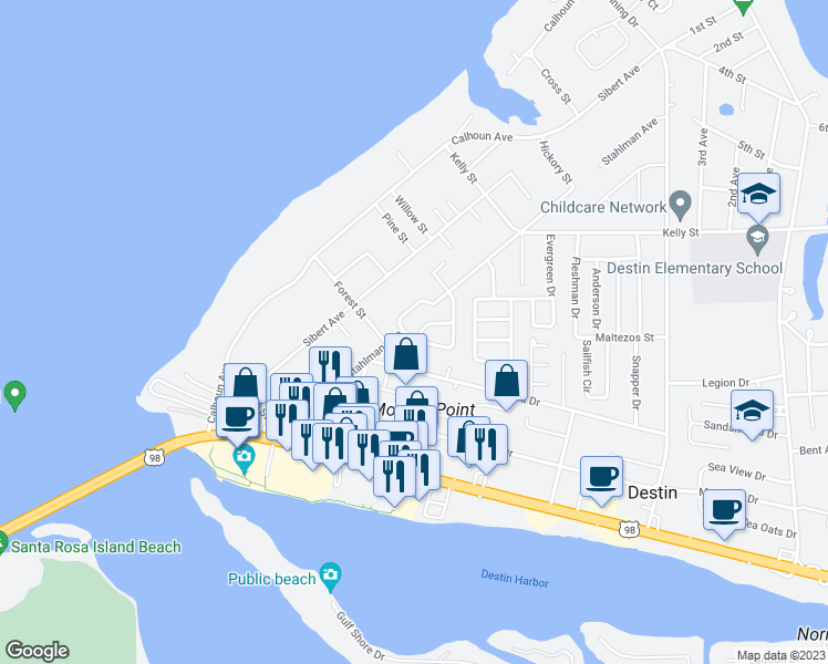 map of restaurants, bars, coffee shops, grocery stores, and more near 403 Ridge Wood Circle in Destin