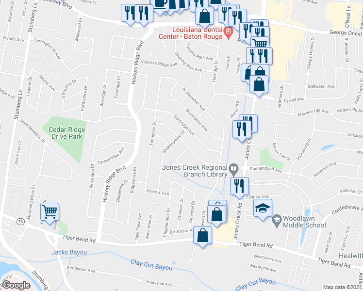 map of restaurants, bars, coffee shops, grocery stores, and more near 14332 Shenandoah Avenue in Baton Rouge