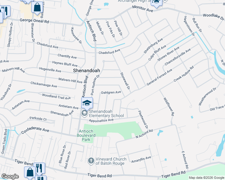 map of restaurants, bars, coffee shops, grocery stores, and more near 16835 Dahlgren Avenue in Baton Rouge