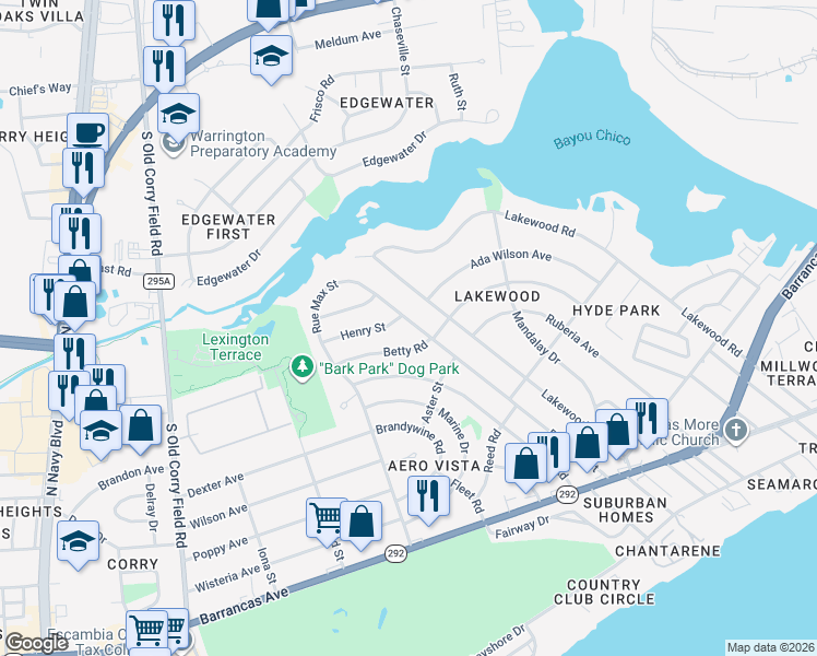 map of restaurants, bars, coffee shops, grocery stores, and more near 407 Rue Max Street in Pensacola