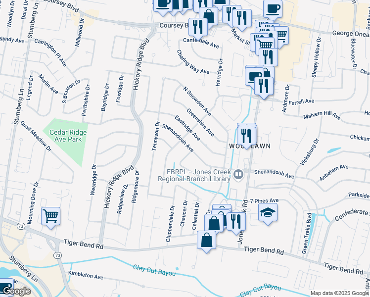map of restaurants, bars, coffee shops, grocery stores, and more near 14332 Shenandoah Avenue in Baton Rouge