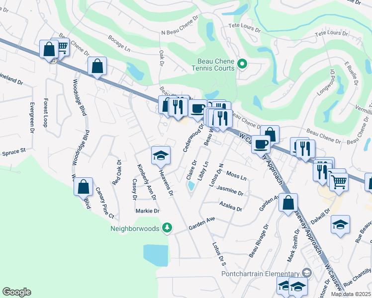 map of restaurants, bars, coffee shops, grocery stores, and more near 436 Cedarwood Drive in Mandeville