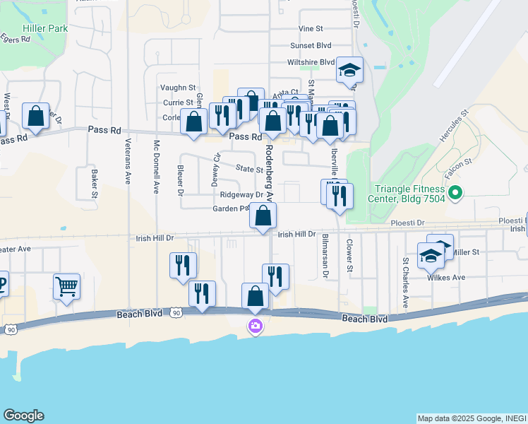 map of restaurants, bars, coffee shops, grocery stores, and more near 1715 Garden Park Drive in Biloxi