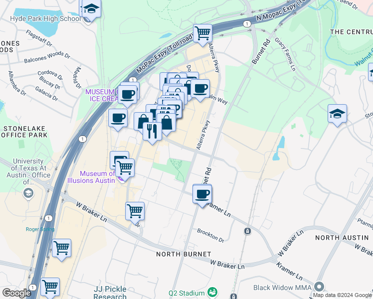 map of restaurants, bars, coffee shops, grocery stores, and more near 3001 Esperanza Crossing in Austin